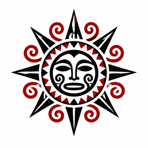 Taino sun symbol with a face, black pointed rays, red spirals, and a ring of red triangles on white background