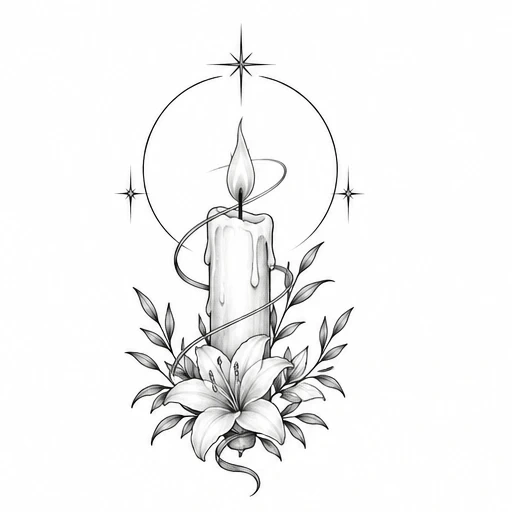 Black and gray tattoo design of a candle with flame, surrounded by leaves, a lily flower, circular halo, and stars