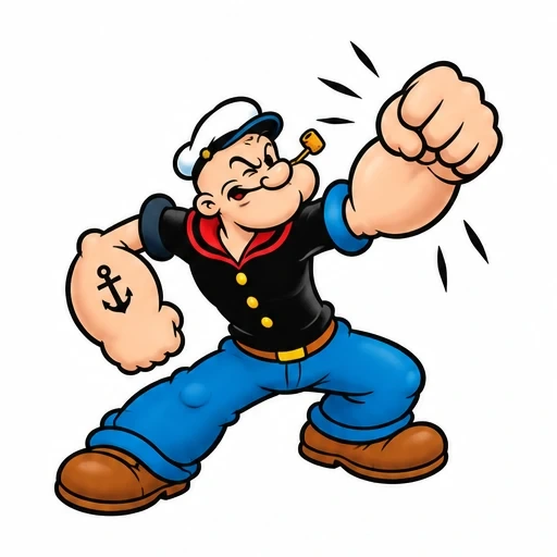 Popeye the Sailor Man cartoon character throwing a punch with muscular arms and anchor tattoo