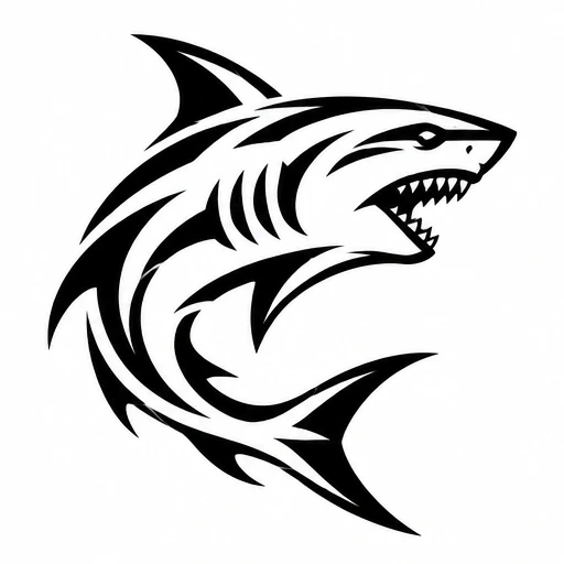 Black tribal shark tattoo design with open jaws and sharp fins