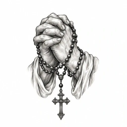 Realistic drawing of praying hands holding a rosary with cross