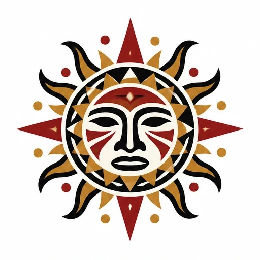 Taino-style sun tattoo with a tribal face, black flames, ochre triangles, and red arrow shapes arranged symmetrically in a circle.