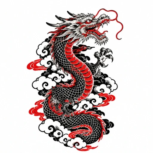 Illustration of a red and black dragon with swirling clouds in traditional Japanese style