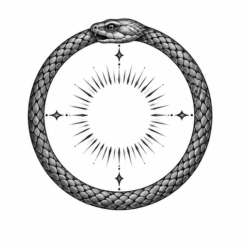 Black and gray ouroboros snake forming a circle with a radiant starburst inside