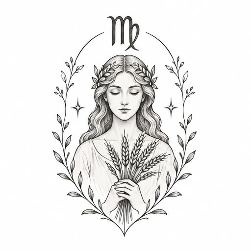 Fine line drawing of a calm woman holding wheat with Virgo symbol and leafy frame