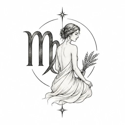 Fine line drawing of a seated woman holding wheat with Virgo zodiac symbol and stars in background