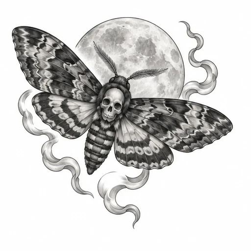 Black and gray death-head moth tattoo design with skull on thorax, full moon, and smoke swirls.