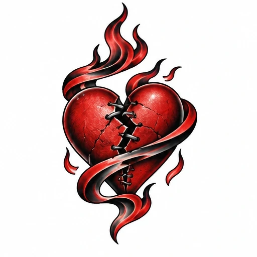 Red broken heart with black lace stitching and swirling black-and-red flames around it