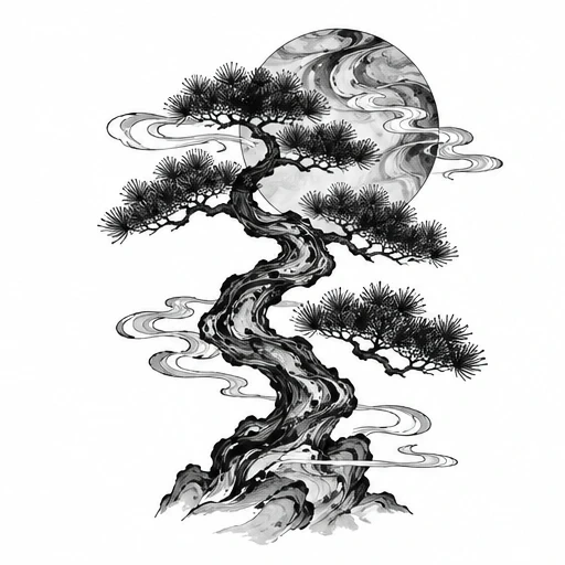 Monochrome sumi ink painting of a pine tree with a swirling trunk, moon, and mist