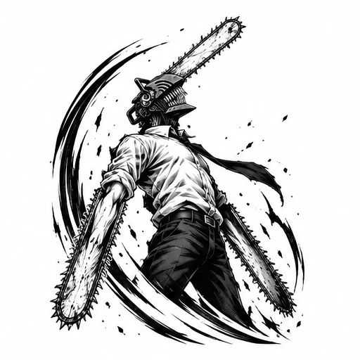Black and white drawing of Chainsaw Man with chainsaws for head and arms, in a dynamic action pose with swirling motion lines