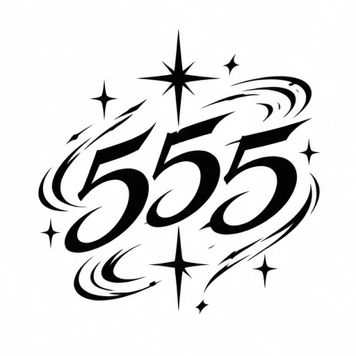 Black stylized 555 numbers with swirling cosmic lines and star shapes