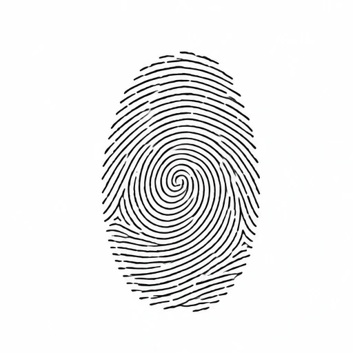 Black fingerprint tattoo design with spiral center and detailed ridges on white background