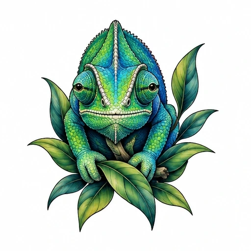 Blue-green chameleon gripping a branch surrounded by green leaves on white background