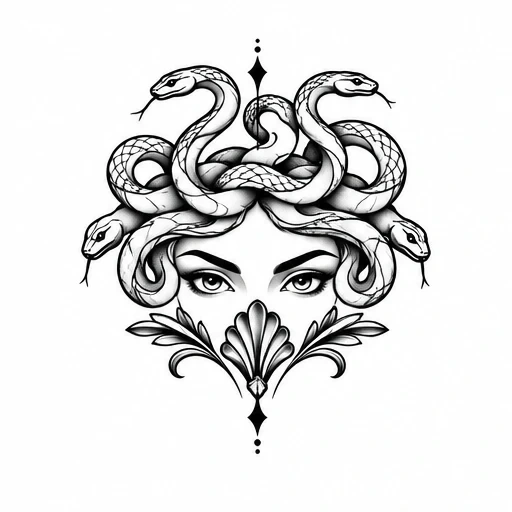 Black ink Medusa face tattoo design with five serpents twisting as hair and ornamental elements beneath eyes.