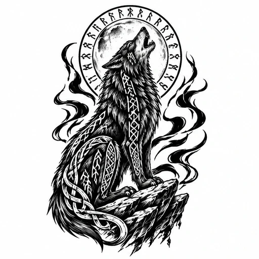 Black ink tattoo design of a rune-covered Fenrir wolf howling on a rock with a moon and runes behind it