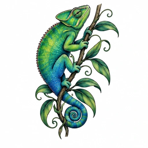 Illustration of a green and blue chameleon climbing a branch with green leaves on white background