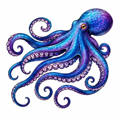 Colorful octopus tattoo artwork with blue and purple hues and curled tentacles