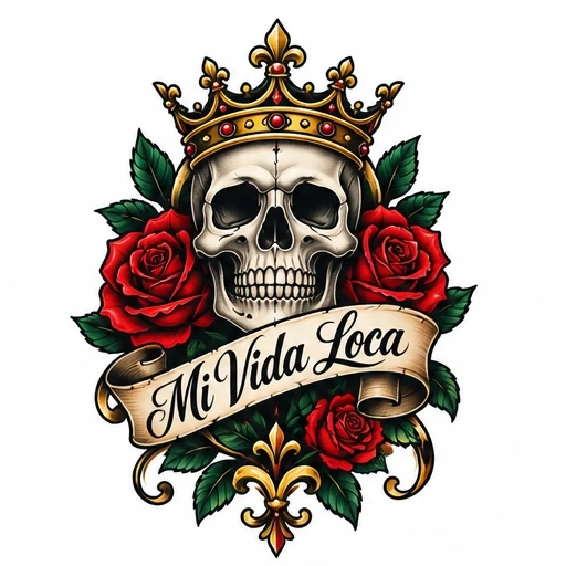 Tattoo design of a crowned skull centered among red roses and green leaves with a ribbon reading 'Mi Vida Loca'