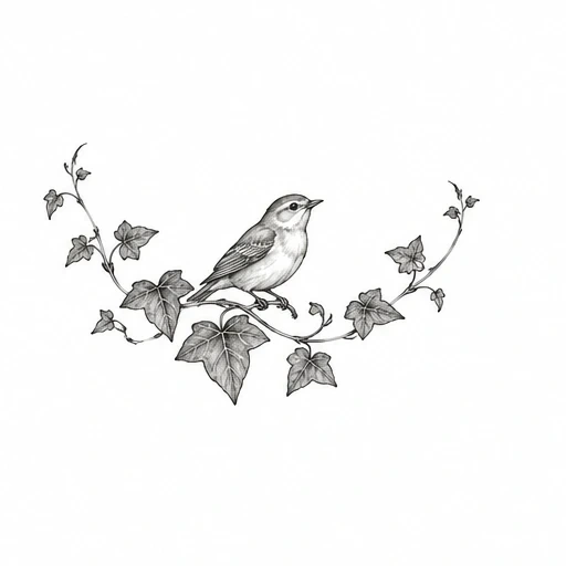 Black and grey tattoo design of a small bird sitting on an ivy vine with detailed leaves