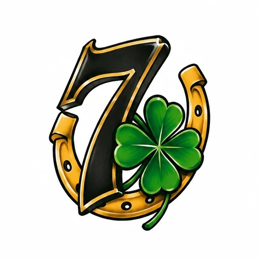 Number 7 in black outlined in gold with a gold horseshoe and green four-leaf clover overlay