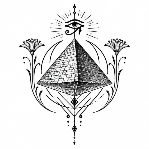 Black and white tattoo design of an inverted stone pyramid with the Eye of Horus above and lotus flowers on either side with decorative lines.