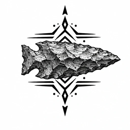 Highly detailed black and grey arrowhead tattoo with abstract geometric lines and dots.