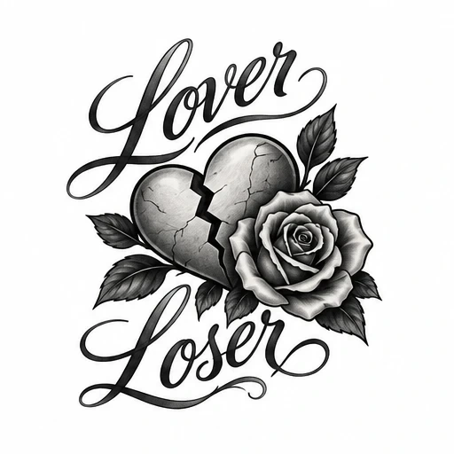 Black and grey tattoo of a cracked heart with a rose and leaves, with the words Lover and Loser in cursive lettering.
