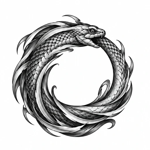 Black and grey ouroboros tattoo design of a serpent biting its own tail with flame-like accents
