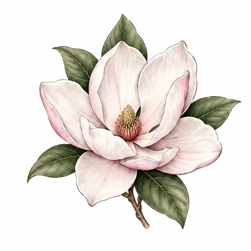 Illustration of a magnolia flower with white and pink petals and green leaves on a white background