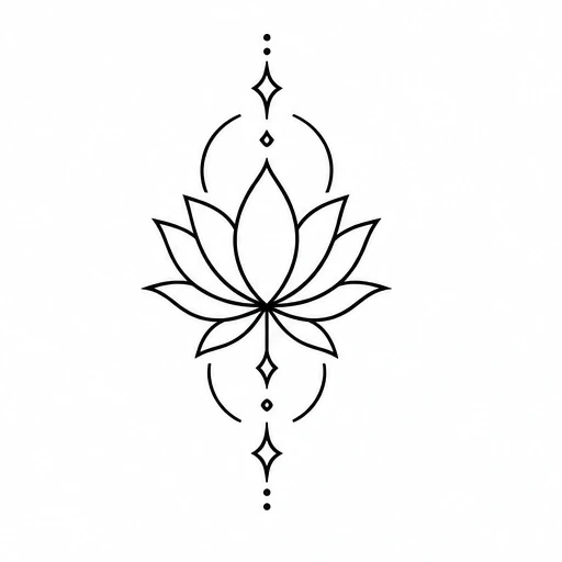 Black linework tattoo design of a lotus flower with geometric diamond shapes and curved lines