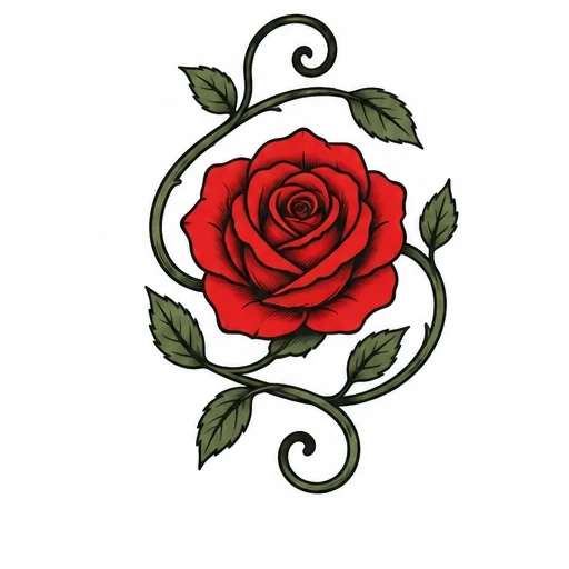 Red rose tattoo design with green curling vine and pointed leaves on white background
