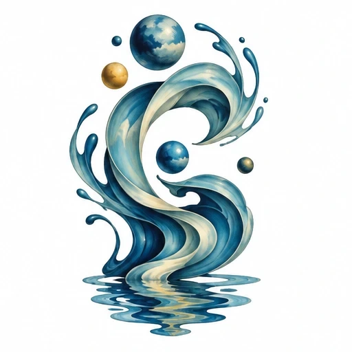 Surreal tattoo design of a flowing wave motion with blue and gold spheres and watery reflection.