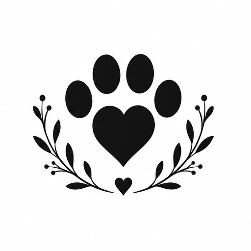 Black paw print with heart-shaped pad and small heart below, surrounded by symmetrical botanical leaf and berry branches