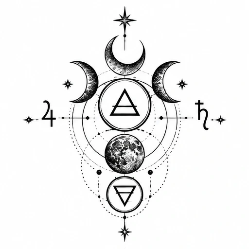 Tattoo design with full moon, crescent moons, alchemical symbols, and geometric dot lines in black ink