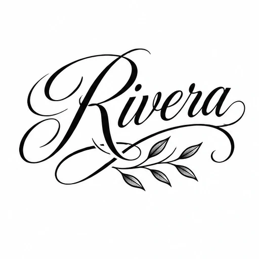 Rivera last name tattoo in elegant black script with leaf branch flourish