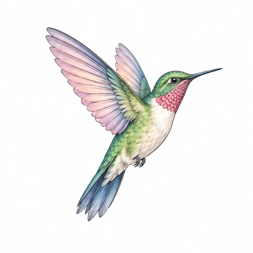 Colorful hummingbird tattoo design with pastel pink, green, and blue wings, flying with spread wings and white chest.