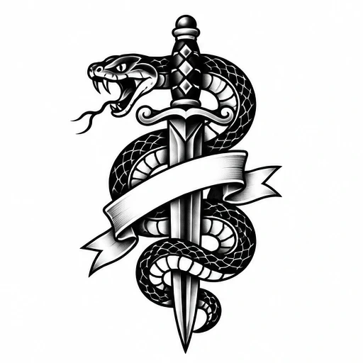 Black and white tattoo design of a snake coiled around a dagger with an empty ribbon banner.