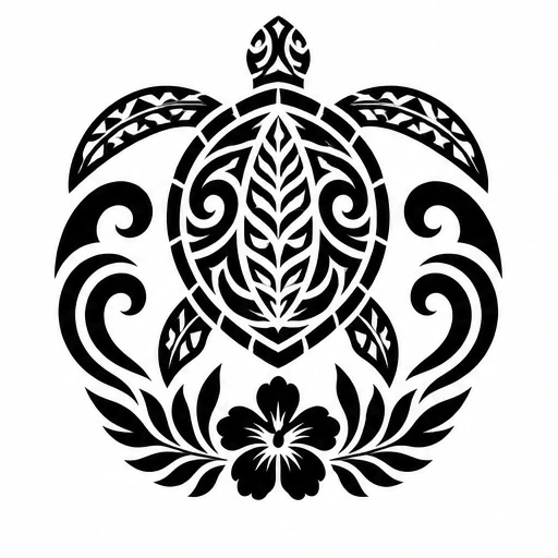 Black tribal sea turtle tattoo with swirling wave elements and hibiscus flower beneath