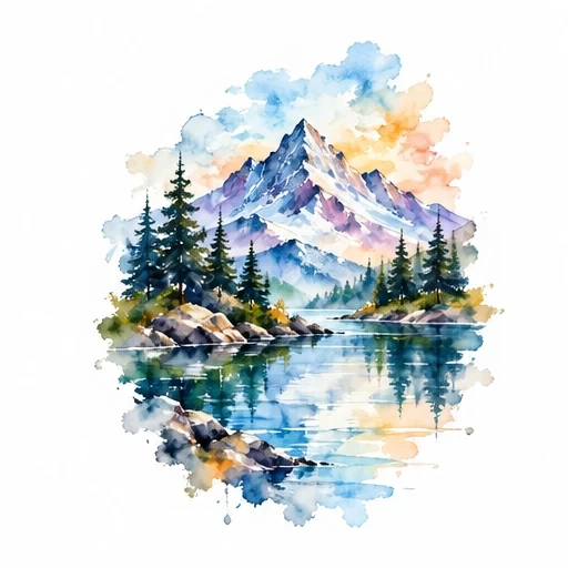 Watercolor tattoo of a mountain reflected in a lake with pine trees and a colorful sky