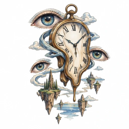 Surreal tattoo art of a melting pocket watch with Roman numerals, blue eyes, floating islands, and swirling clouds.