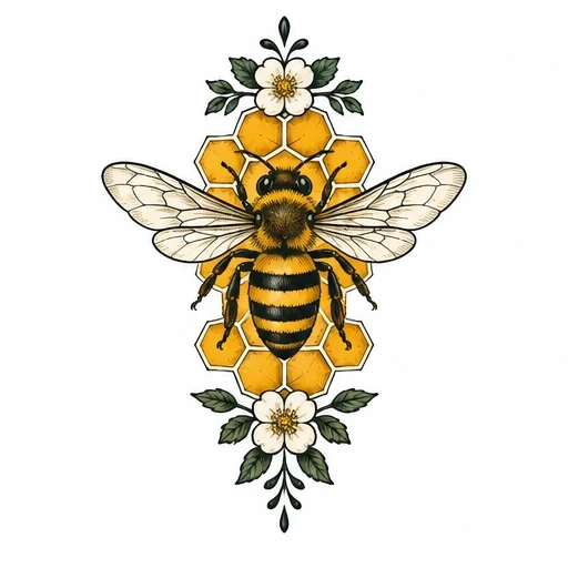 Vintage style illustration of a honey bee with outstretched wings over yellow hexagonal honeycomb and white flowers with green leaves