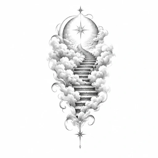 Black and gray tattoo design of a stairway ascending through clouds toward a bright star inside a circular light surrounded by smoke-like swirls.
