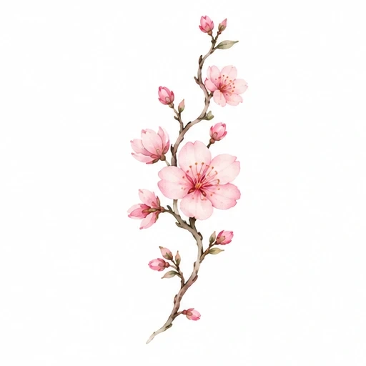 Watercolor cherry blossom branch with pink flowers and buds on white background