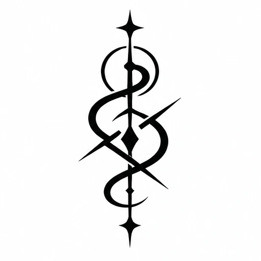 Black vertical sigil tattoo design with curved lines and pointed shapes on white background