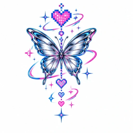 Chrome butterfly with blue and pink hues, surrounded by pixel hearts and sparkles on white background