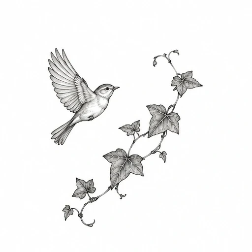 Fine line tattoo of a bird in flight next to an ivy vine with shaded leaves