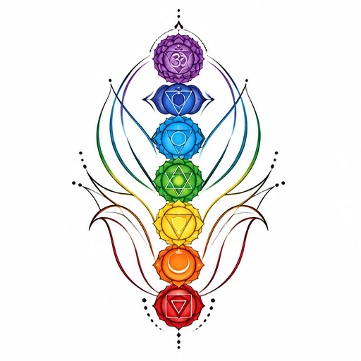 Chakra tattoo design with seven colored lotus symbols in a vertical line and black ornamental detailing