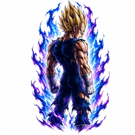 Majin Vegeta standing with back facing, surrounded by blue and purple flames in Super Saiyan form
