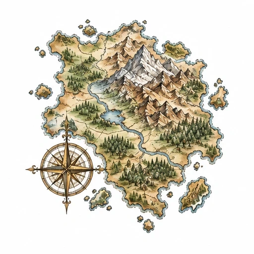 Illustrated fantasy island map with mountains, forests, rivers, and compass rose