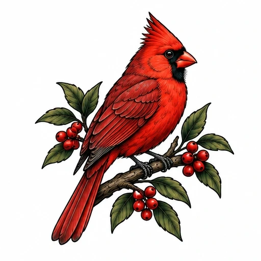 Red cardinal bird on branch with green leaves and red berries tattoo design